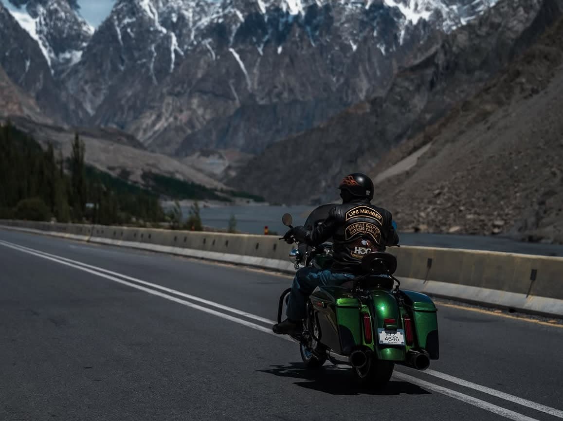 Harley-Davidson motorcycle on the Karakoram Highway in Skardu and Hunza